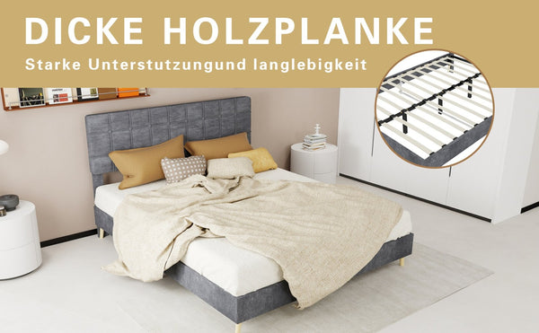 English Elm Modern Velvet Queen Platform Bed Tufted Headboard Padded Steel Slat Support Grey W1935P362354