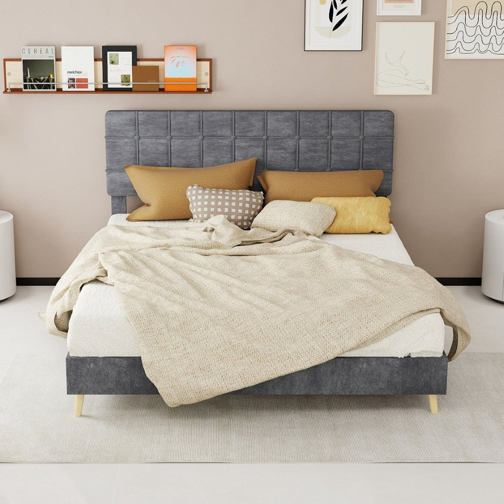 English Elm Modern Velvet Queen Platform Bed Tufted Headboard Padded Steel Slat Support Grey W1935P362354