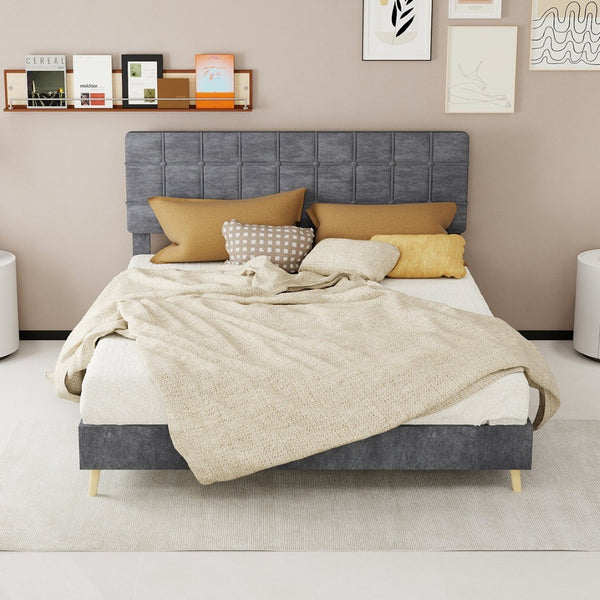 English Elm Modern Velvet Queen Platform Bed Tufted Headboard Padded Steel Slat Support Grey W1935P362354