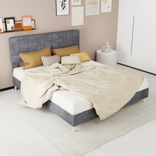 English Elm Modern Velvet Queen Platform Bed Tufted Headboard Padded Steel Slat Support Grey W1935P362354