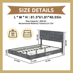 English Elm Modern Velvet Queen Platform Bed Tufted Headboard Padded Steel Slat Support Grey W1935P362354