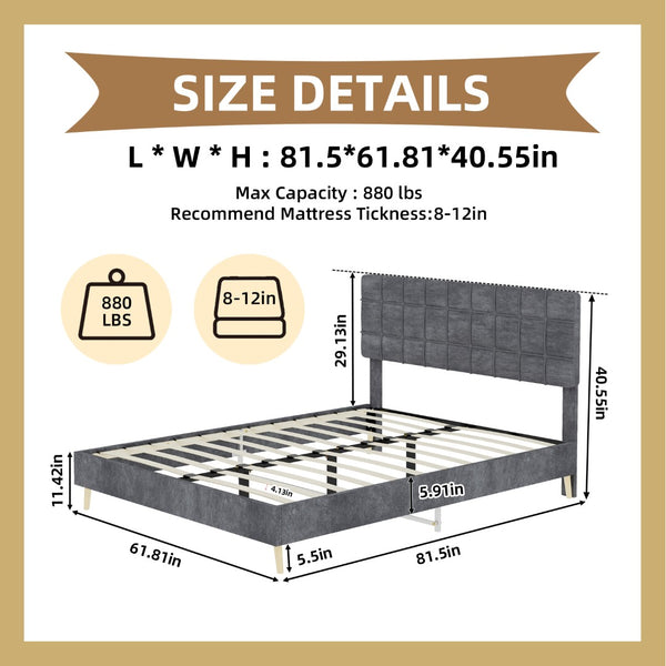 English Elm Modern Velvet Queen Platform Bed Tufted Headboard Padded Steel Slat Support Grey W1935P362354