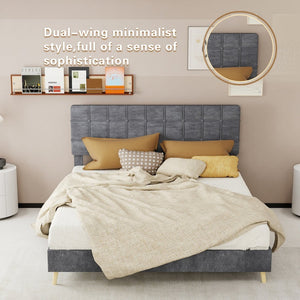 English Elm Modern Velvet Queen Platform Bed Tufted Headboard Padded Steel Slat Support Grey W1935P362354