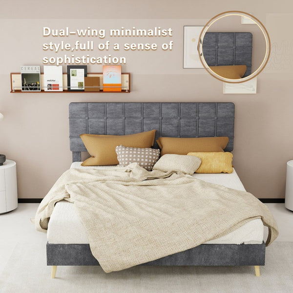 English Elm Modern Velvet Queen Platform Bed Tufted Headboard Padded Steel Slat Support Grey W1935P362354