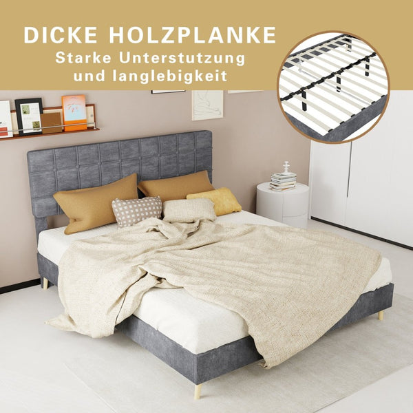 English Elm Modern Velvet Queen Platform Bed Tufted Headboard Padded Steel Slat Support Grey W1935P362354