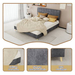 English Elm Modern Velvet Queen Platform Bed Tufted Headboard Padded Steel Slat Support Grey W1935P362354