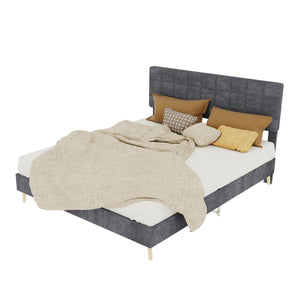 English Elm Modern Velvet Queen Platform Bed Tufted Headboard Padded Steel Slat Support Grey W1935P362354