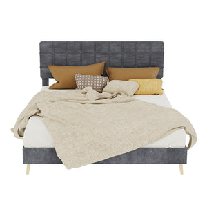 English Elm Modern Velvet Queen Platform Bed Tufted Headboard Padded Steel Slat Support Grey W1935P362354