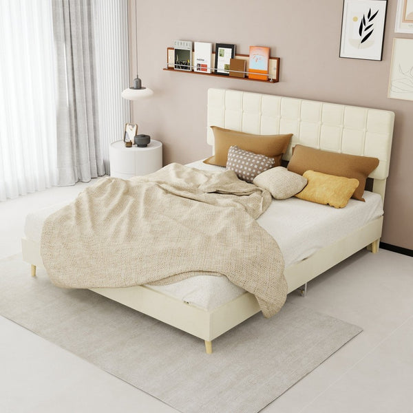 English Elm Modern Velvet Queen Platform Bed Tufted Headboard Padded Steel Slat Support Beige W1935P362355