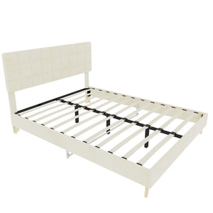 English Elm Modern Velvet Queen Platform Bed Tufted Headboard Padded Steel Slat Support Beige W1935P362355