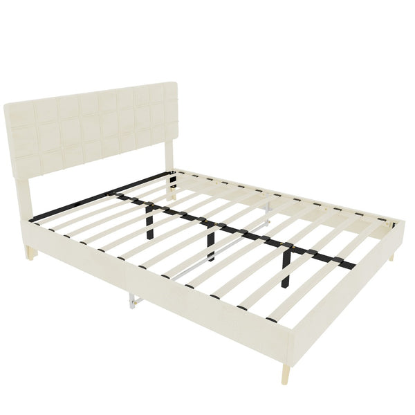 English Elm Modern Velvet Queen Platform Bed Tufted Headboard Padded Steel Slat Support Beige W1935P362355