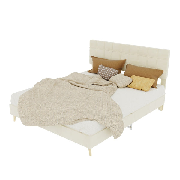 English Elm Modern Velvet Queen Platform Bed Tufted Headboard Padded Steel Slat Support Beige W1935P362355