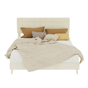 English Elm Modern Velvet Queen Platform Bed Tufted Headboard Padded Steel Slat Support Beige W1935P362355