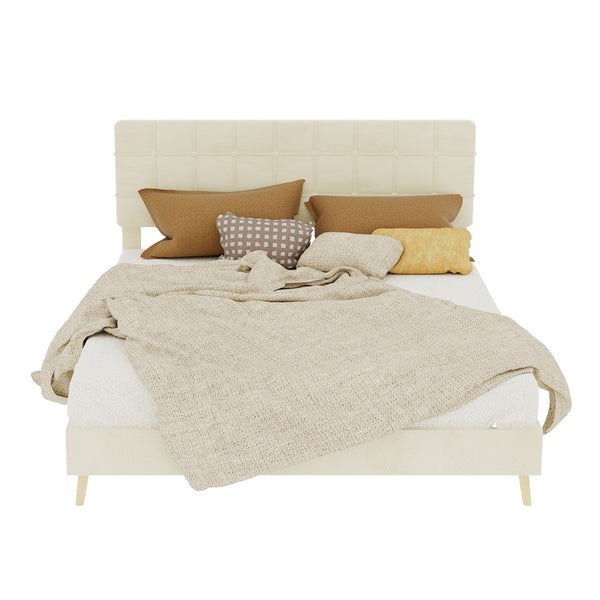 English Elm Modern Velvet Queen Platform Bed Tufted Headboard Padded Steel Slat Support Beige W1935P362355