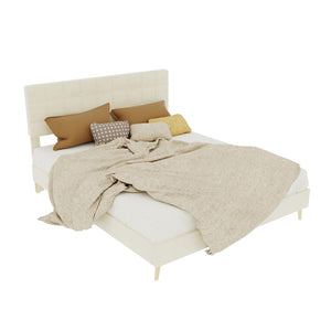 English Elm Modern Velvet Queen Platform Bed Tufted Headboard Padded Steel Slat Support Beige W1935P362355