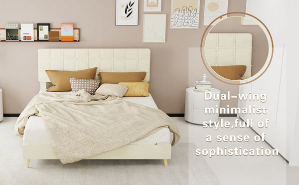 English Elm Modern Velvet Queen Platform Bed Tufted Headboard Padded Steel Slat Support Beige W1935P362355