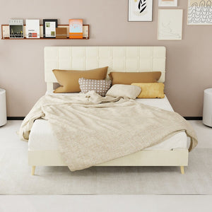 English Elm Modern Velvet Queen Platform Bed Tufted Headboard Padded Steel Slat Support Beige W1935P362355