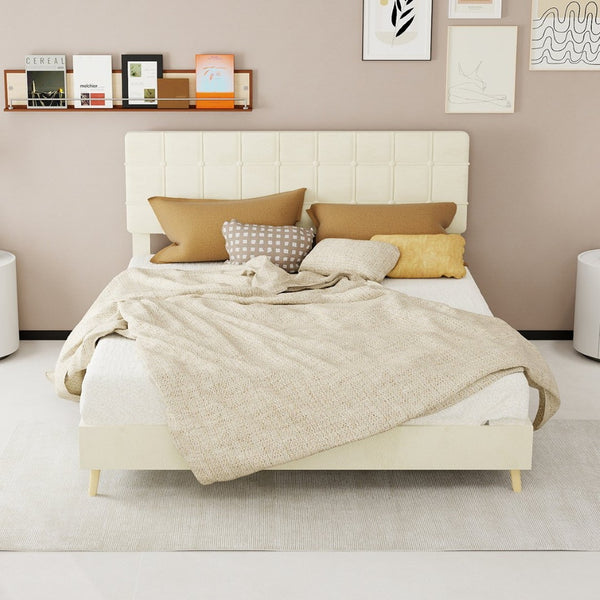 English Elm Modern Velvet Queen Platform Bed Tufted Headboard Padded Steel Slat Support Beige W1935P362355