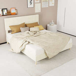 English Elm Modern Velvet Queen Platform Bed Tufted Headboard Padded Steel Slat Support Beige W1935P362355