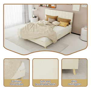 English Elm Modern Velvet Queen Platform Bed Tufted Headboard Padded Steel Slat Support Beige W1935P362355