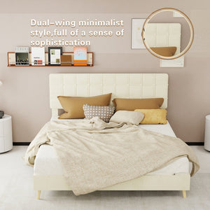 English Elm Modern Velvet Queen Platform Bed Tufted Headboard Padded Steel Slat Support Beige W1935P362355