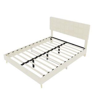 English Elm Modern Velvet Queen Platform Bed Tufted Headboard Padded Steel Slat Support Beige W1935P362355