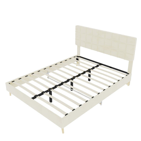 English Elm Modern Velvet Queen Platform Bed Tufted Headboard Padded Steel Slat Support Beige W1935P362355
