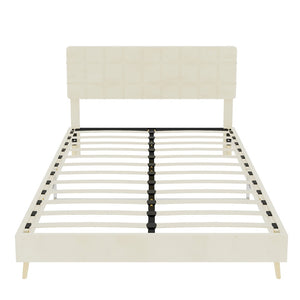 English Elm Modern Velvet Queen Platform Bed Tufted Headboard Padded Steel Slat Support Beige W1935P362355