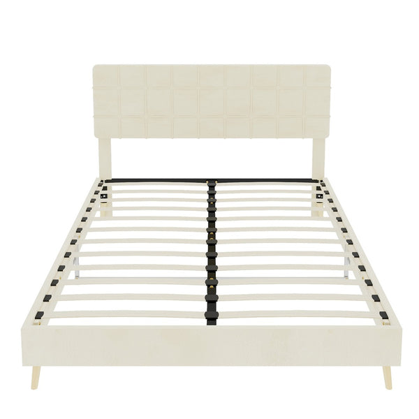 English Elm Modern Velvet Queen Platform Bed Tufted Headboard Padded Steel Slat Support Beige W1935P362355
