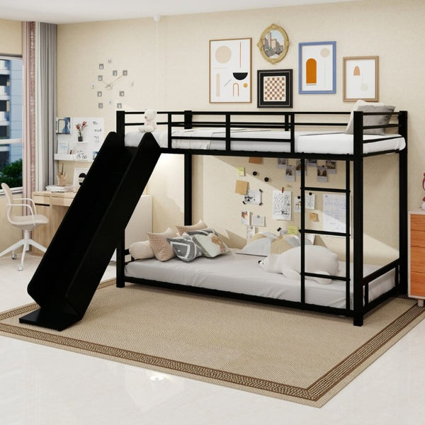 English Elm Sturdy Steel Twin Over Kids Bunk Bed with Built-In Slide and Dual Ladder Access Black W1935P433731