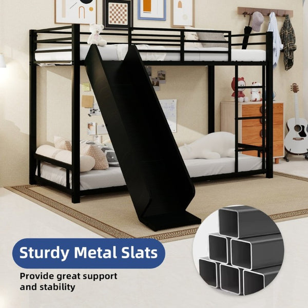 English Elm Sturdy Steel Twin Over Kids Bunk Bed with Built-In Slide and Dual Ladder Access Black W1935P433731