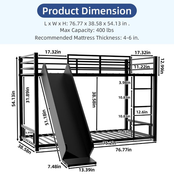 English Elm Sturdy Steel Twin Over Kids Bunk Bed with Built-In Slide and Dual Ladder Access Black W1935P433731