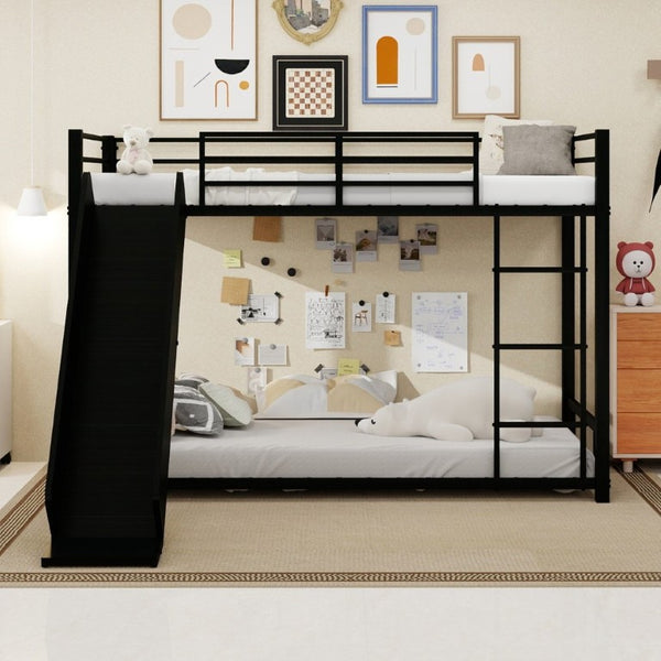 English Elm Sturdy Steel Twin Over Kids Bunk Bed with Built-In Slide and Dual Ladder Access Black W1935P433731