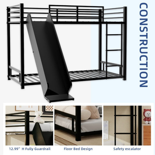 English Elm Sturdy Steel Twin Over Kids Bunk Bed with Built-In Slide and Dual Ladder Access Black W1935P433731