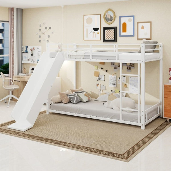 English Elm Sturdy Steel Twin Over Kids Bunk Bed with Built-In Slide and Dual Ladder Access White W1935P433733