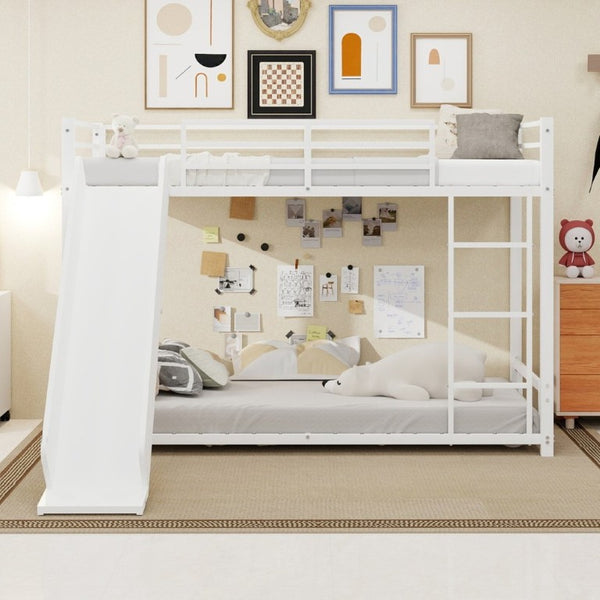 English Elm Sturdy Steel Twin Over Kids Bunk Bed with Built-In Slide and Dual Ladder Access White W1935P433733