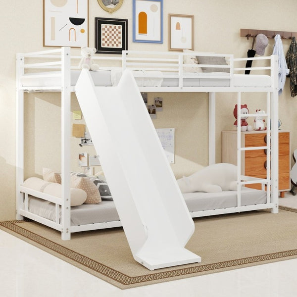 English Elm Sturdy Steel Twin Over Kids Bunk Bed with Built-In Slide and Dual Ladder Access White W1935P433733