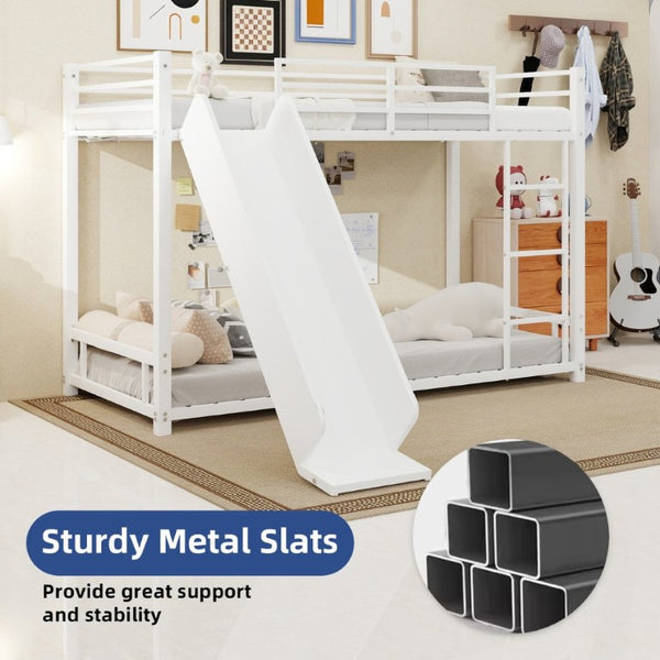 English Elm Sturdy Steel Twin Over Kids Bunk Bed with Built-In Slide and Dual Ladder Access White W1935P433733