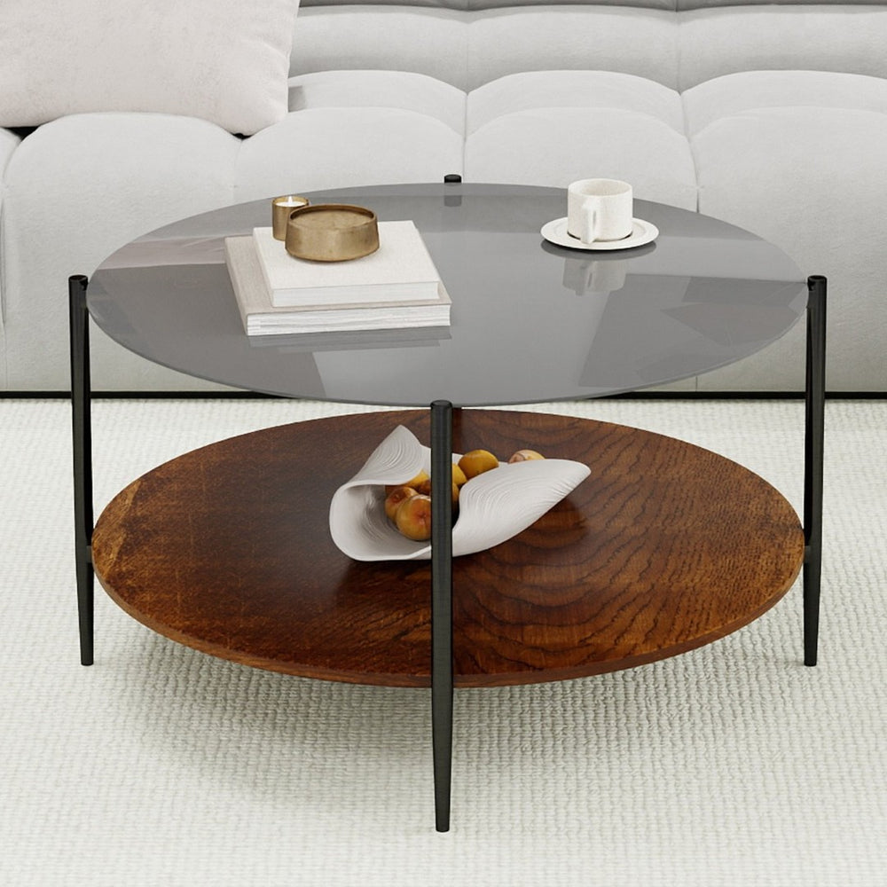 English Elm Modern Round Coffee Table Tempered Glass Top Walnut Shelf Sleek Living Room W1935P457157