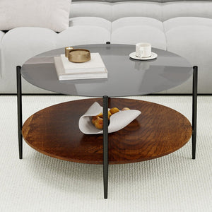 English Elm Modern Round Coffee Table Tempered Glass Top Walnut Shelf Sleek Living Room W1935P457157