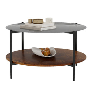 English Elm Modern Round Coffee Table Tempered Glass Top Walnut Shelf Sleek Living Room W1935P457157