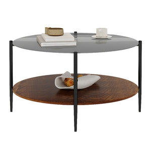 English Elm Modern Round Coffee Table Tempered Glass Top Walnut Shelf Sleek Living Room W1935P457157