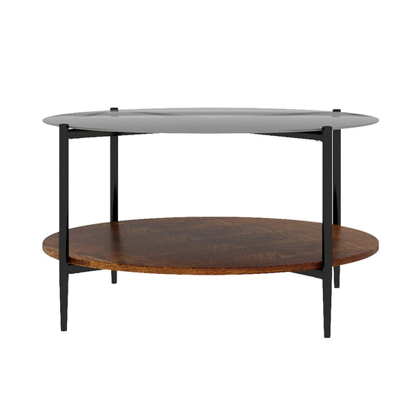 English Elm Modern Round Coffee Table Tempered Glass Top Walnut Shelf Sleek Living Room W1935P457157