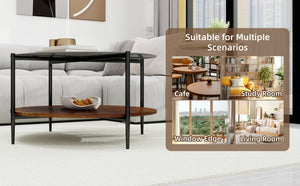 English Elm Modern Round Coffee Table Tempered Glass Top Walnut Shelf Sleek Living Room W1935P457157