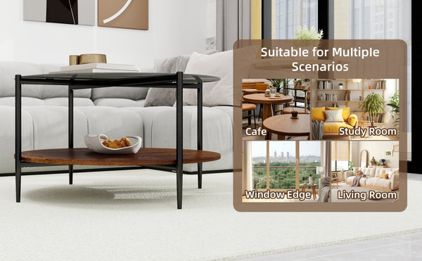 English Elm Modern Round Coffee Table Tempered Glass Top Walnut Shelf Sleek Living Room W1935P457157
