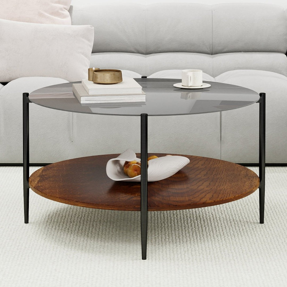 English Elm Modern Round Coffee Table Tempered Glass Top Walnut Shelf Sleek Living Room W1935P457157
