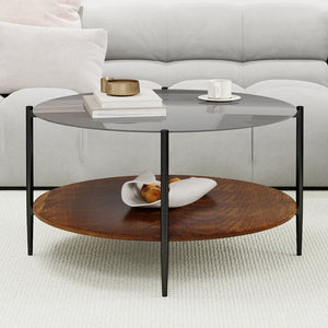English Elm Modern Round Coffee Table Tempered Glass Top Walnut Shelf Sleek Living Room W1935P457157