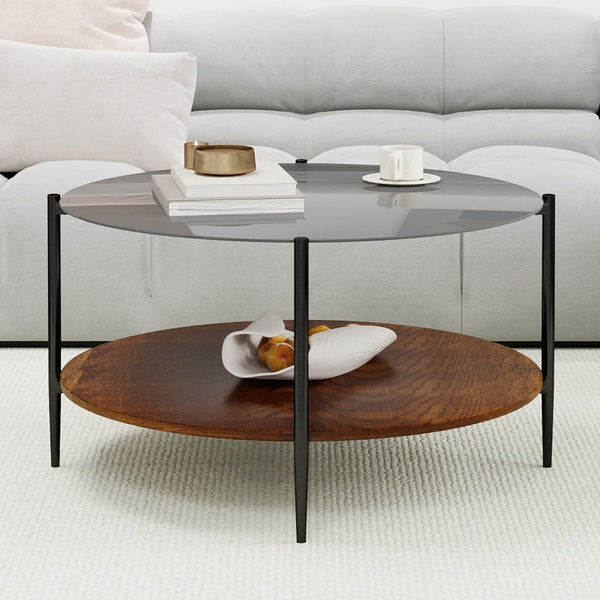English Elm Modern Round Coffee Table Tempered Glass Top Walnut Shelf Sleek Living Room W1935P457157