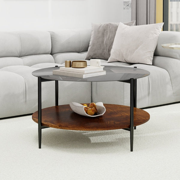 English Elm Modern Round Coffee Table Tempered Glass Top Walnut Shelf Sleek Living Room W1935P457157