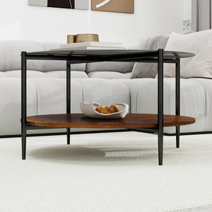 English Elm Modern Round Coffee Table Tempered Glass Top Walnut Shelf Sleek Living Room W1935P457157